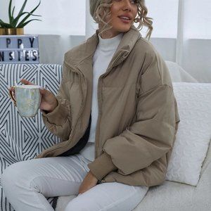 SHEIN X Les Do Makeup Drop Shoulder Zip Up Puffer Jacket (Khaki Size S)